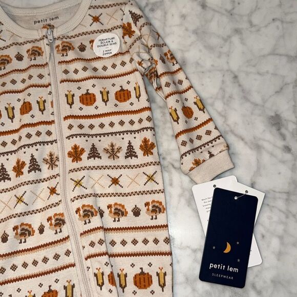 NWT Petit Lem Cream & Orange Fall Thanksgiving Pumpkin Patterned Kids Footie - Picture 4 of 7